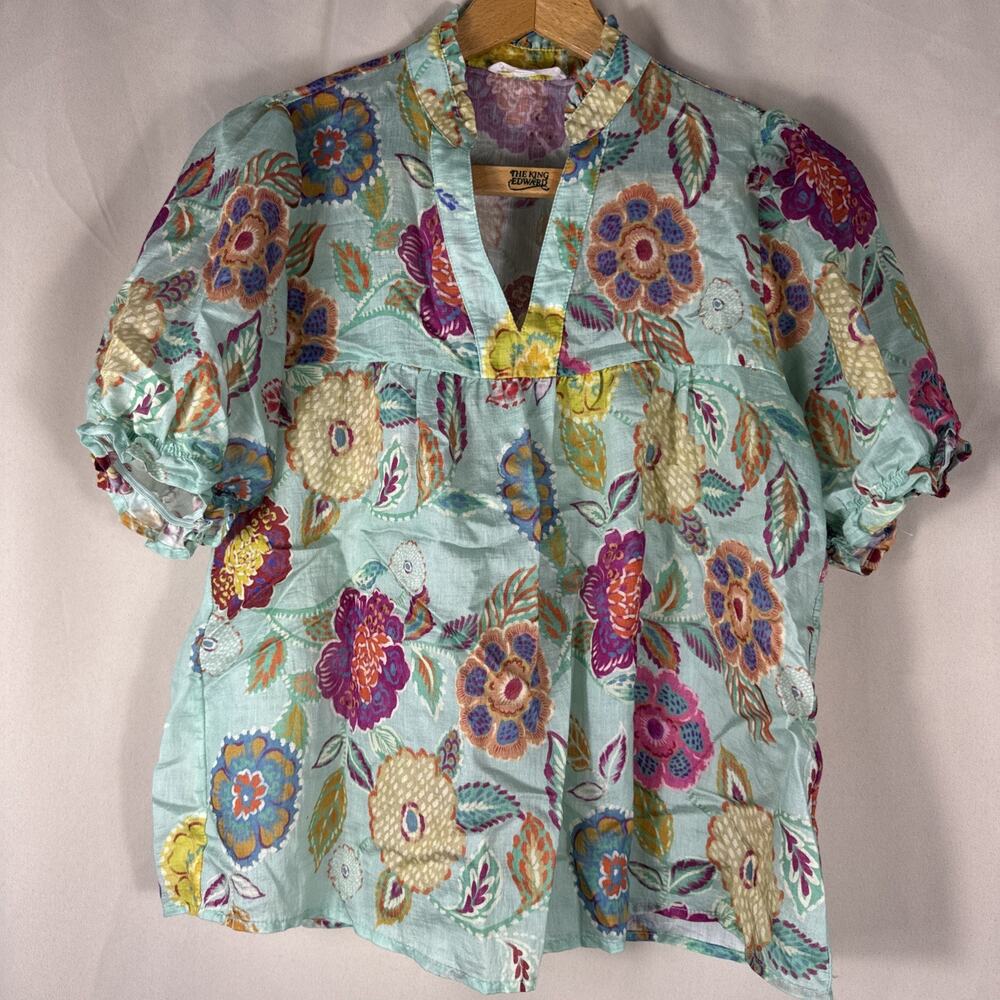 THML Teal Textured Floral Puff Sleeve V Neck Blouse Peasant Top Women's XS